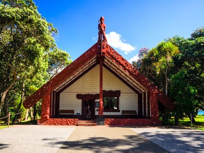 Te Whare Rūnanga is a traditional Maori house at the Waitangi Treaty Grounds.