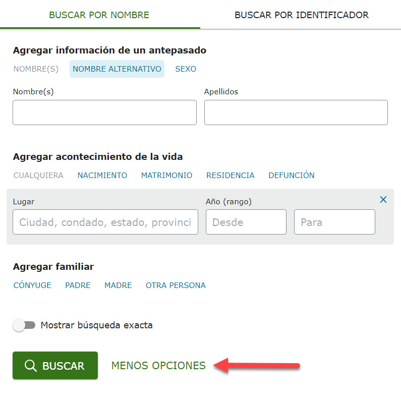 El cuadro de búsqueda completo de Encontrar en el Árbol Familiar de FamilySearch.