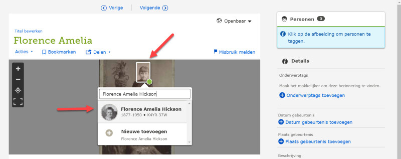 Screenshot: tags en details aan een foto in FamilySearch Herinneringen toevoegen.
