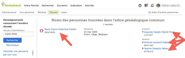 Page de résultats d’une recherche par numéro d’identification.