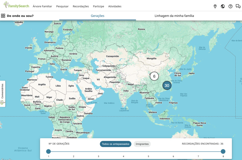Captura de tela da atividade “De onde eu sou?” no FamilySearch que mostra de onde são seus antepassados de sua árvore familiar.