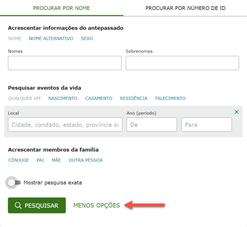 A caixa de pesquisa completa da Árvore Familiar do FamilySearch Encontrar.