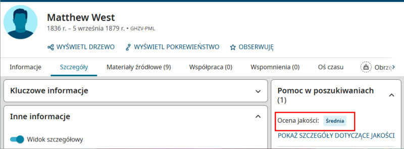 Zrzut ekranu strony profilu FamilySearch pokazujący ocenę jakości danych