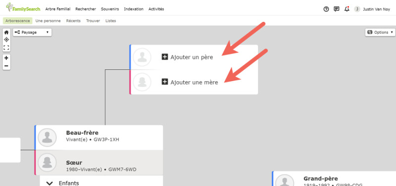 Copie d’écran des boutons « Ajouter un père » et « Ajouter une mère » sur le site de FamilySearch.