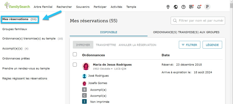 Onglet Mes réservations du site de FamilySearch, affichant les noms d’ancêtres réservés.