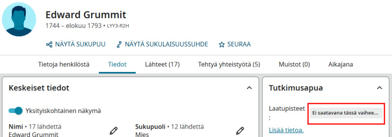 Näyttökuva FamilySearchin profiilista, jossa näkyy, että tiedon laatupisteet eivät ole tällä hetkellä saatavilla