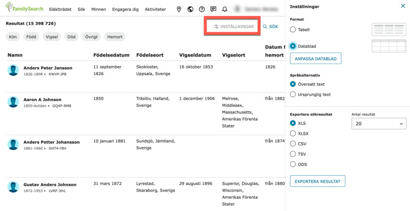 Skärmbild av fliken sökinställningar som visar hur man väljer mellan alternativen Tabell och Datablad.