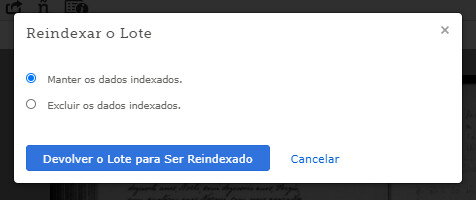 Captura de tela da opção de reindexação do lote