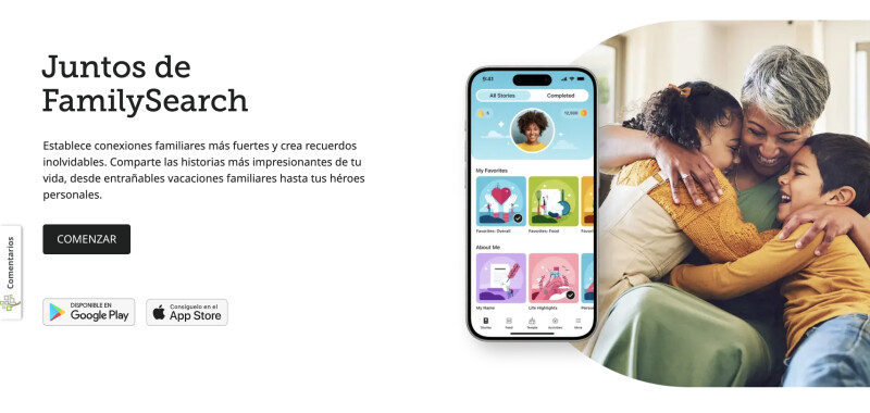 Captura de pantalla de la página de descarga de la aplicación Together en el sitio web de FamilySearch