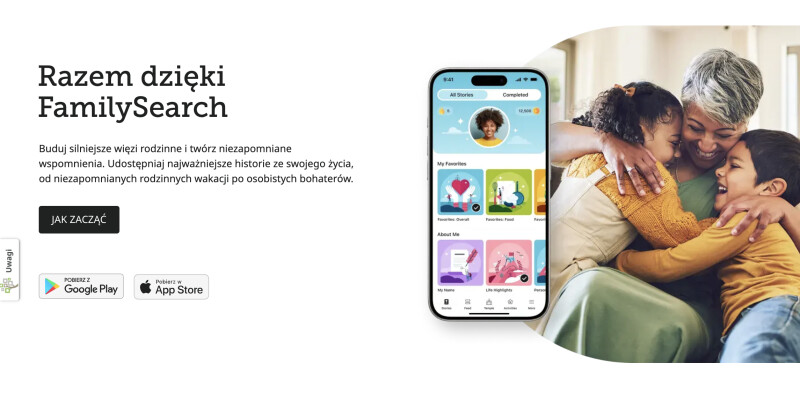 Zrzut ekranu strony pobierania aplikacji Razem na stronie FamilySearch