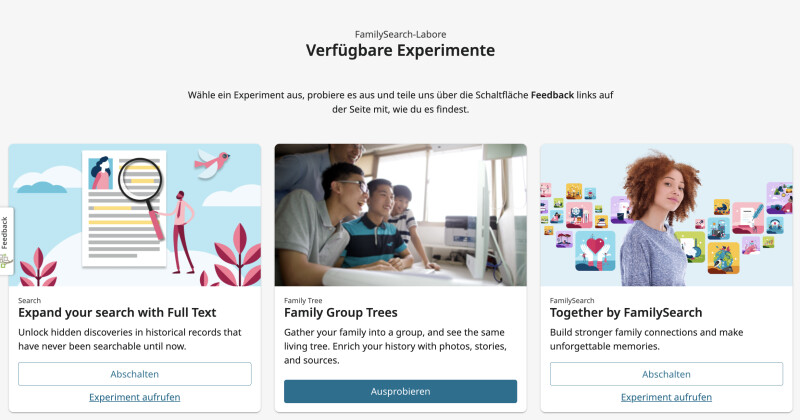 Screenshot der Webseite „FamilySearch-Labore“
