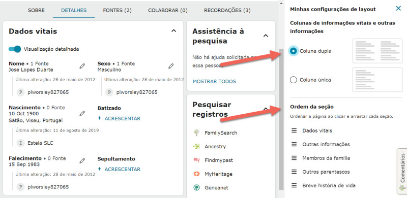 Captura de tela das opções meu layout para a guia Detalhes na nova página do FamilySearch.org.