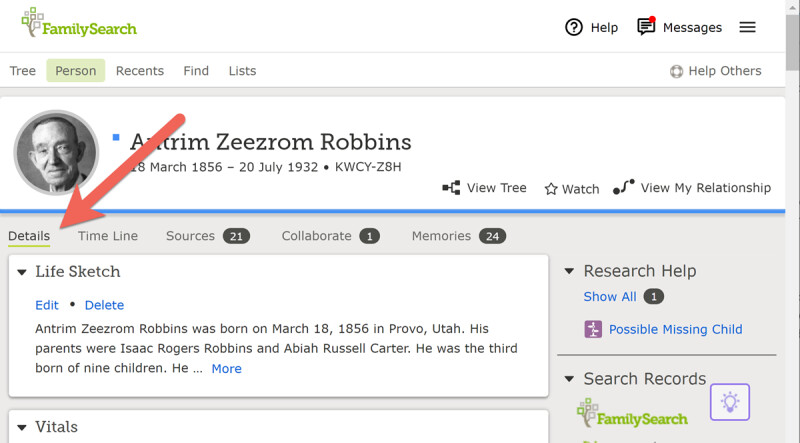 Details tab on FamilySearch person page.