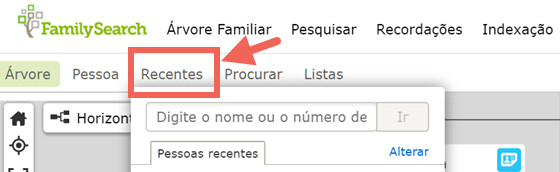 Captura de tela do recurso Recentes na Árvore Familiar.