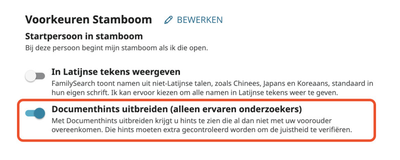 De accountinstelling op FamilySearch. Onder het gedeelte ‘Voorkeuren Stamboom’ is de wisselknop ‘Documenthints uitbreiden (alleen ervaren onderzoekers)’ rood omlijnd en ingeschakeld.