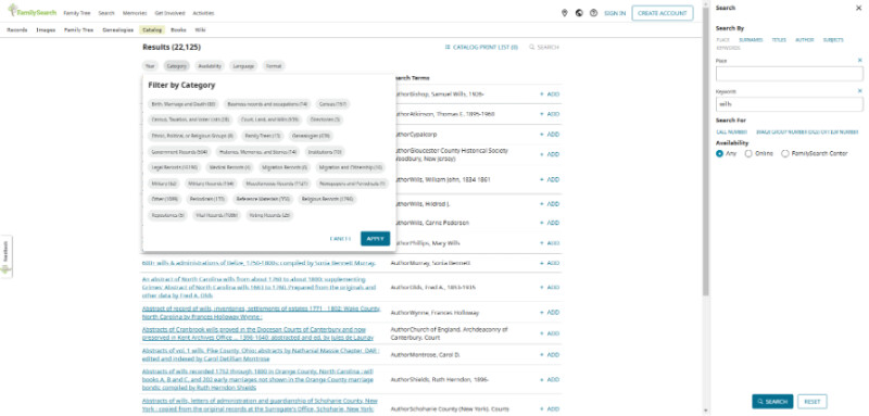 Search results and filtering options in the FamilySearch Catalog