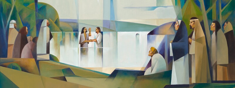 Painting of Jesus Christ being baptized by John the Baptist, with many disciples looking on. By Jorge Cocco
