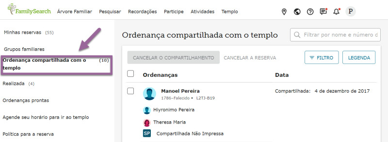 Lista de reservas compartilhadas com o templo no FamilySearch.org.