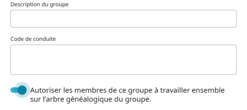 Capture d'écran de la fenêtre Détails du groupe d'un groupe familial FamilySearch, montrant comment « Autoriser ce groupe à travailler ensemble dans un arbre du groupe familial ».