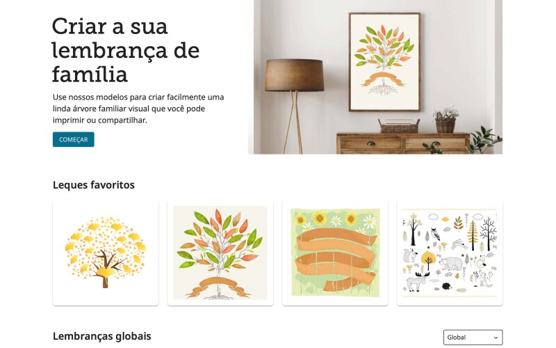 Página inicial da experiência Lembranças do FamilySearch com exemplos de diferentes árvores genealógicas para impressão.