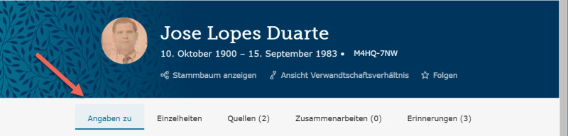 Screenshot des Registers „Angaben zu“ auf der Personenseite von FamilySearch