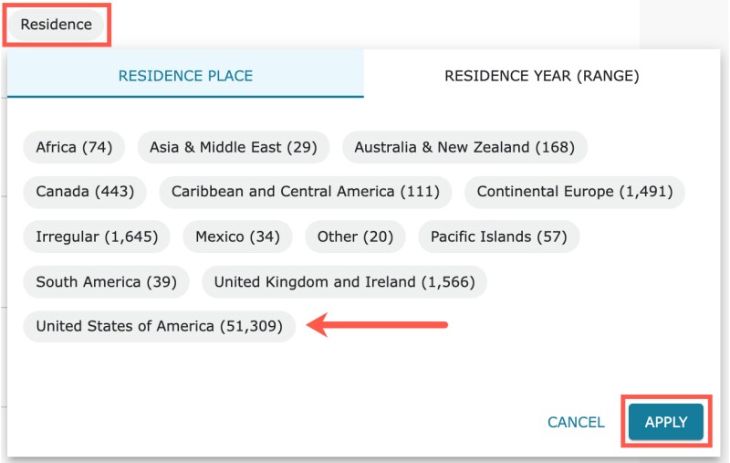 In the Residence filter, you can filter the collections according to where your ancestor lived.