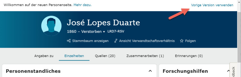 Screenshot der neuen Personenseite sowie der Schaltflächen für Feedback