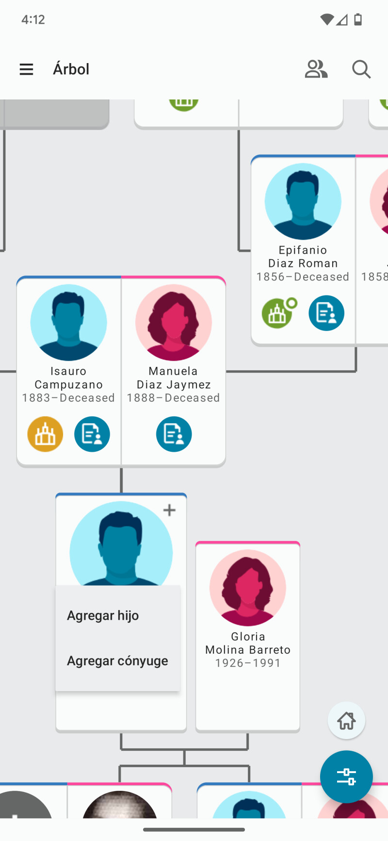 Agregue cónyuges e hijos directamente desde el cuadro genealógico.