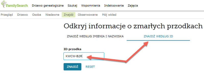 Zrzut ekranu z funkcją wyszukiwania według ID w Drzewie genealogicznym.