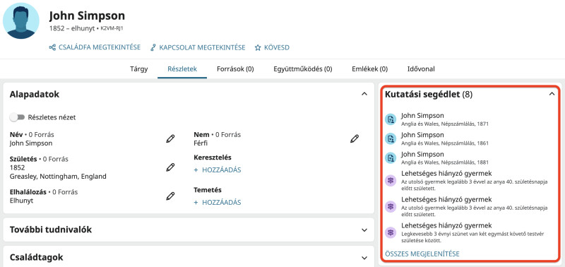 John Simpson profiloldalának a képernyőképe a FamilySearchön, 5 kutatási javaslattal