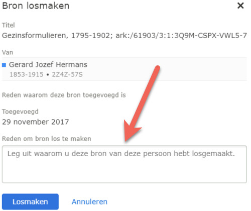 Screenshot van vermelde reden in FamilySearch voor een gecorrigeerde fout