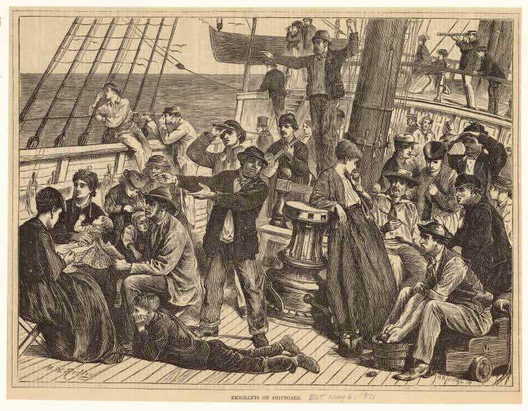 drawing of emigrant life aboard an immigration ship