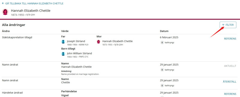 skärmdump av en FamilySearch-profil som visar var filterknappen i ändringslistan kan hittas