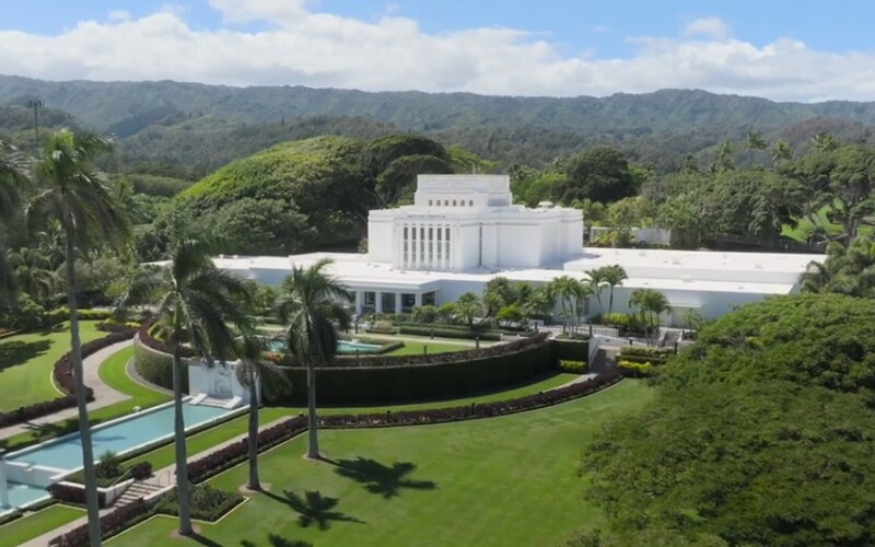 View from the air of the Temple in Laie Hawaii