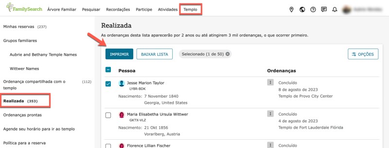 Captura de tela da lista de ordenanças realizadas no FamilySearch.org
