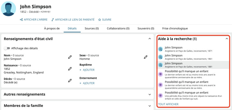 Capture d'écran de la page de profil de John Simpson sur FamilySearch, montrant 5 aides à la recherche