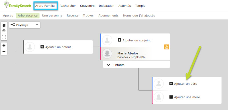 Copie d’écran de l’ajout d’une génération à l’arbre généalogique sur le site de FamilySearch.