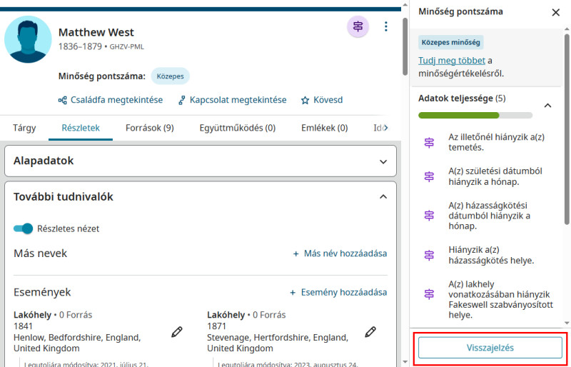 Képernyőkép egy személy oldaláról a FamilySearch.org-on, amely azt mutatja, hogy visszajelzést adhatsz az adatminőségi mutatót illetően