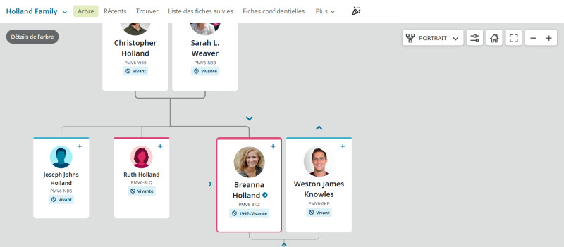 Capture d'écran d'un arbre familial de groupe sur FamilySearch.org.