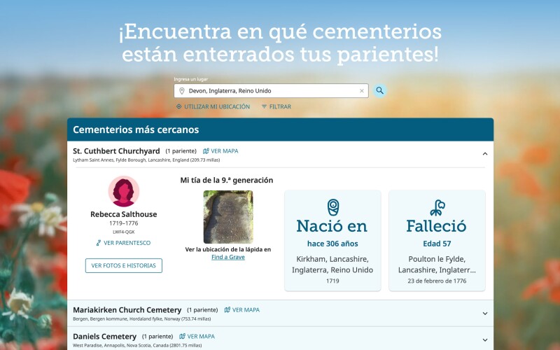 Una captura de pantalla, en FamilySearch, de la experiencia de familiares visitando cementerios.
