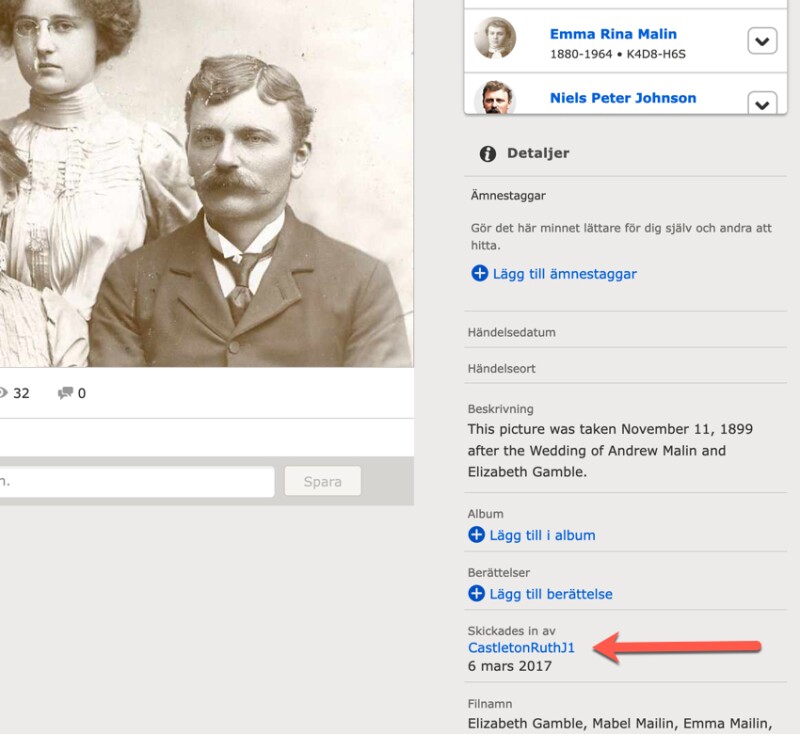 Skärmdump av detaljerna i ett foto eller en berättelse i FamilySearch Minnen. En tillagd pil pekar mot källpersonens kontonamn och när det lades till.