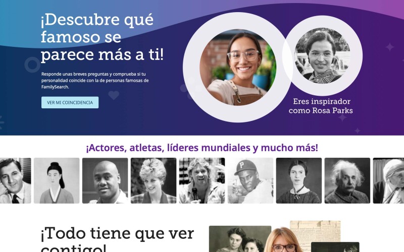 Página de aterrizaje en FamilySearch de la actividad Mi coincidencia