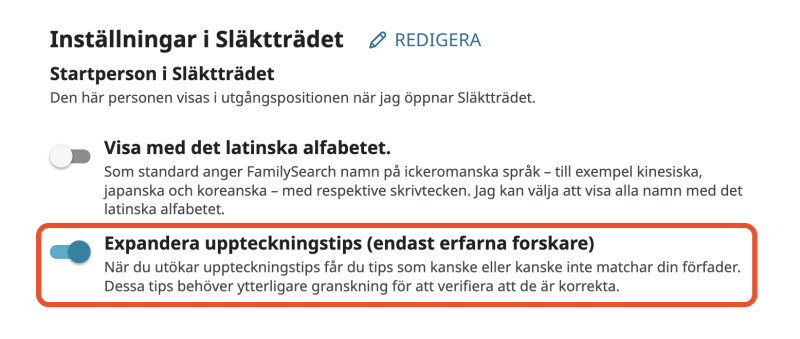 Kontoinställning på FamilySearch. Under delen ”Inställningar för Släktträdet” har växlingsknappen ”Expandera uppteckningstips (endast erfarna forskare)” inramats med rött och slagits på.