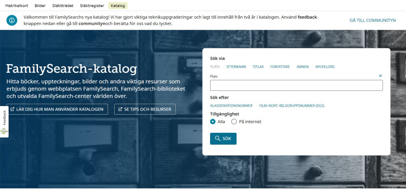 Inledande sidan av FamilySearch-katalogen.