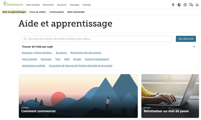 Capture d'écran du Centre d'aide et d'apprentissage sur FamilySearch.org