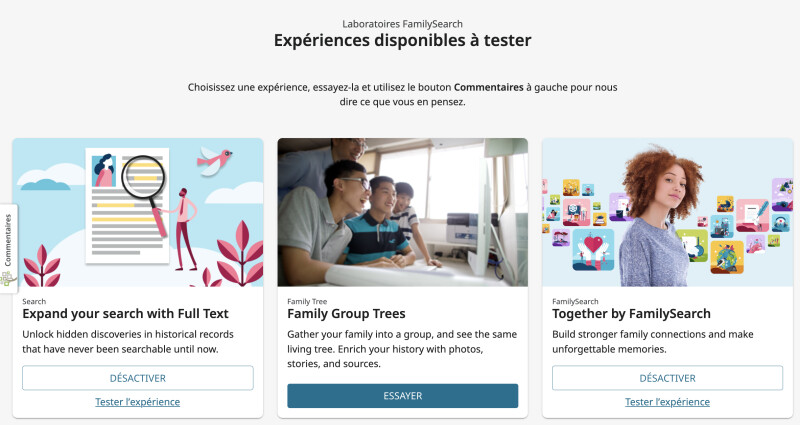 Copie d’écran de la page d’accueil de FamilySearch Labs (les laboratoires de FamilySearch)