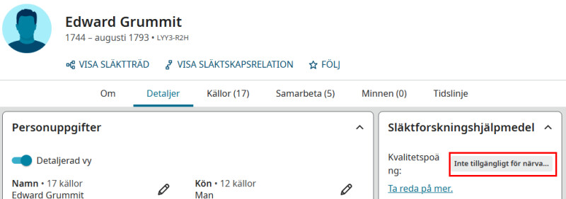 en skärmdump från en FamilySearch-profil som visar att datakvalitetspoäng för närvarande inte är tillgänglig