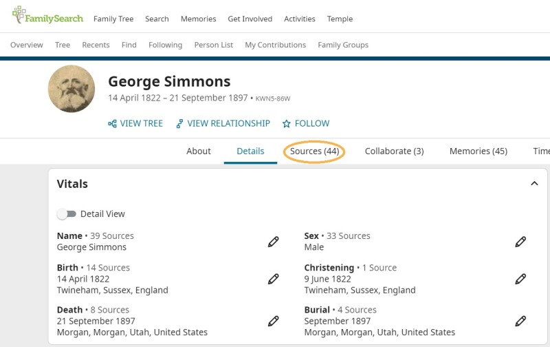 George Simmons's person page in FamilySearch.