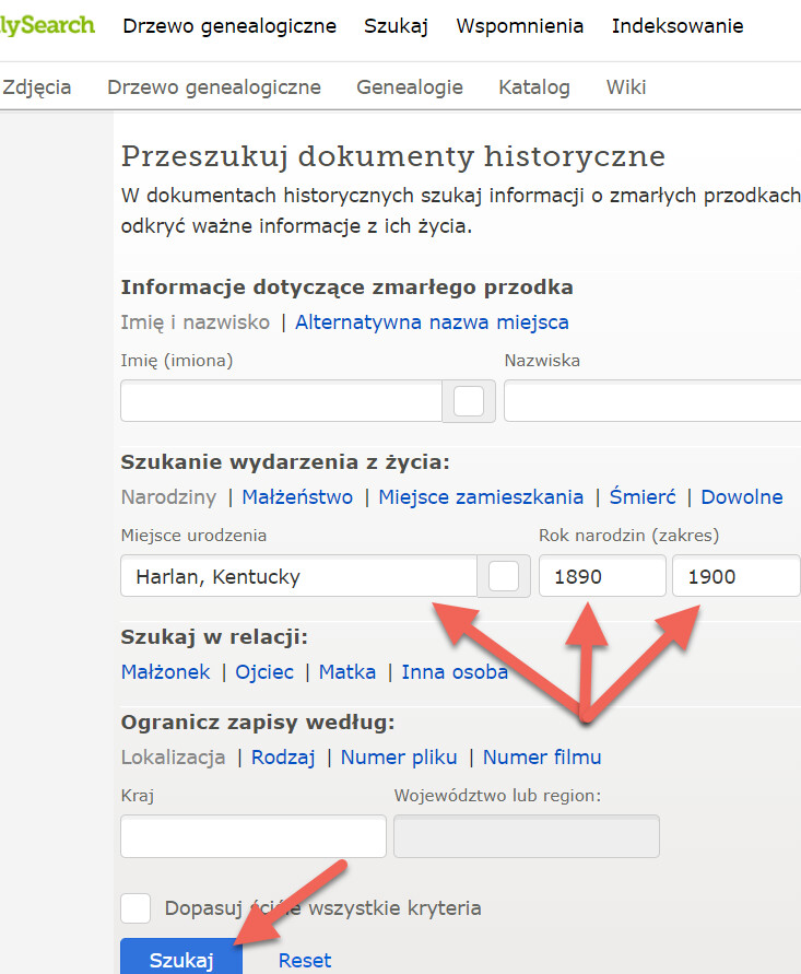 Zrzut ekranu z wyszukiwania według miejsca wydarzenia i roku.