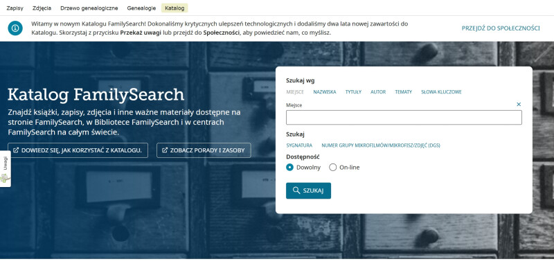 Ekran początkowy katalogu FamilySearch